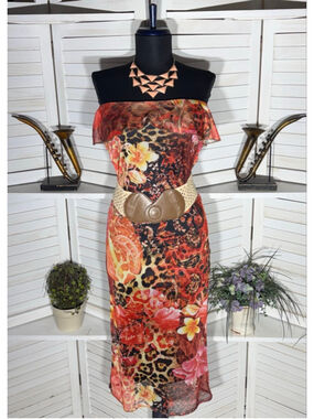 Boohoo strapless boho dress ruffled paisley tropical bright floral print sz 6